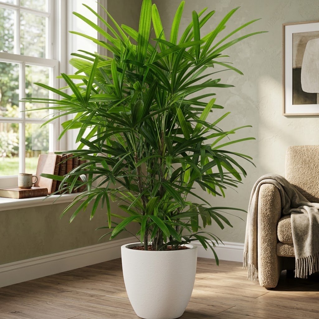 Lady palm with upright stems and green fan-shaped leaves in a white pot beside a window.