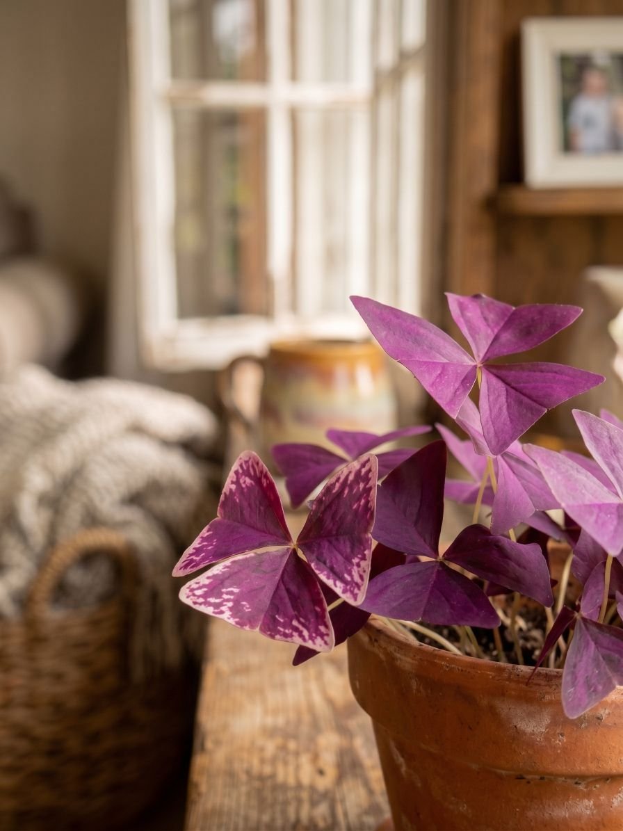 Purple shamrock with triangular purple leaflets growing in a terracotta pot.
